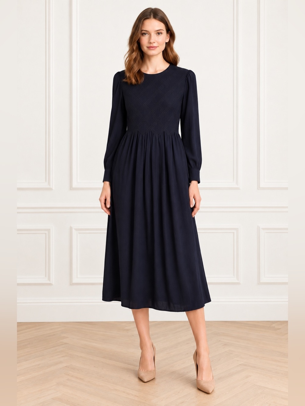 Vintage Sarah Elizabeth Navy Smocked Rayon Midi Dress Size 6 Dark Academia